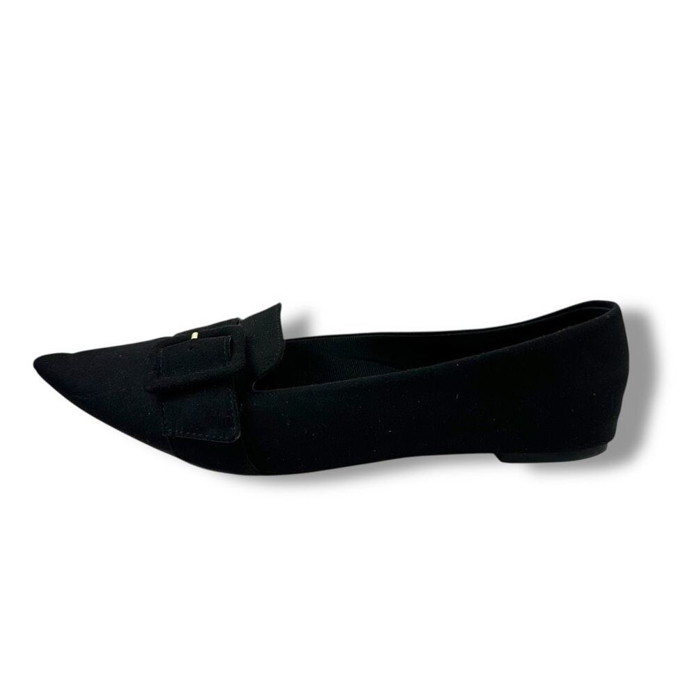Journee Collection Women's 8.5 Pointed Toe Ballet Flats Black Suede Big Buckle (